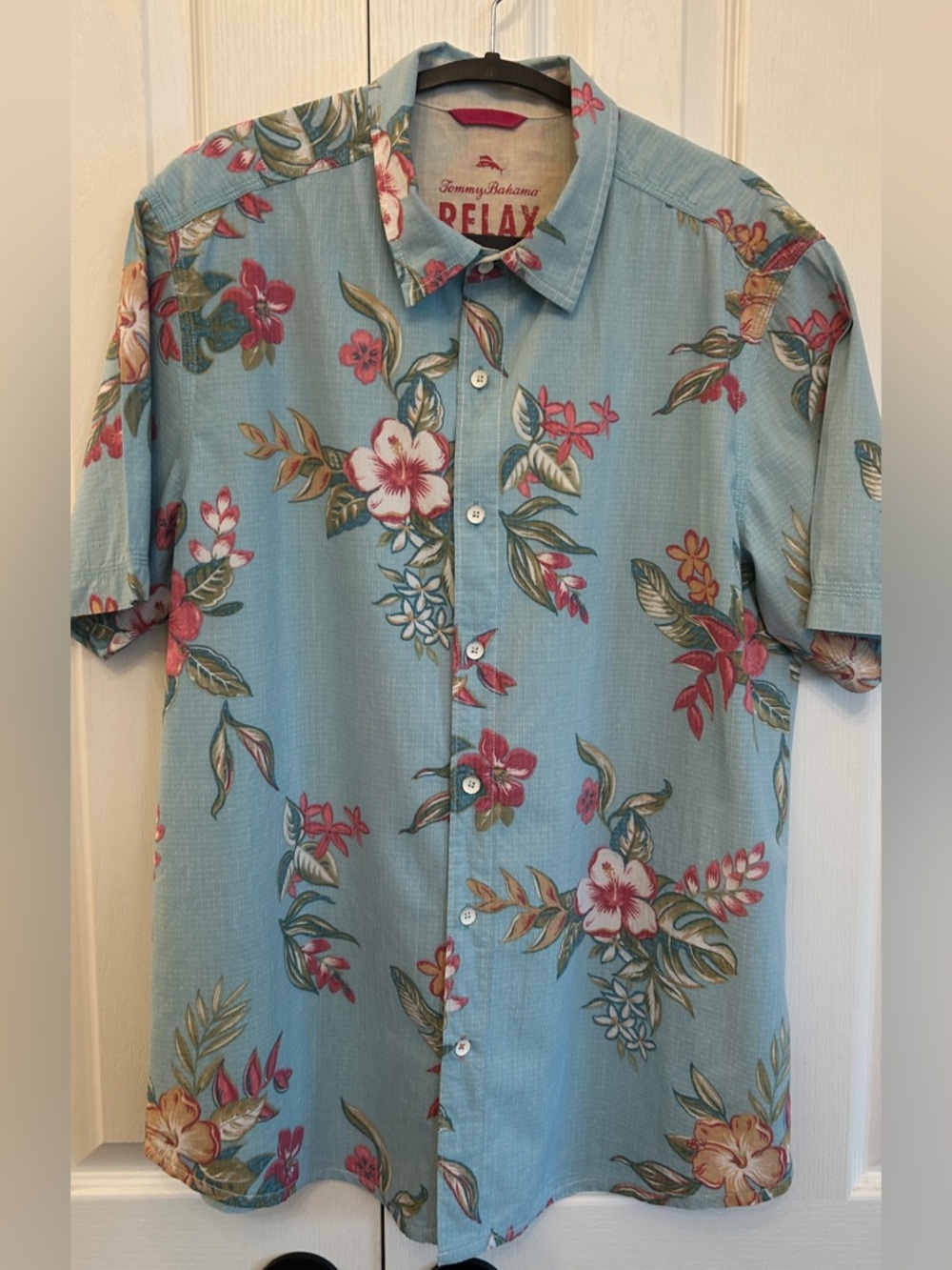Tommy Bahama Relax Fit Cotton Shirt L Blue Pink Hibiscus EUC